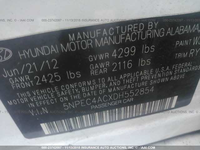 5NPEC4ACXDH552854 - 2013 HYUNDAI SONATA SE/LIMITED WHITE photo 9