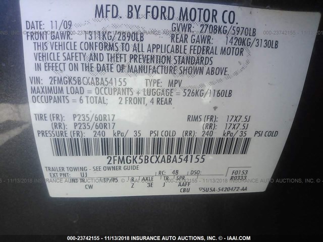 2FMGK5BCXABA54155 - 2010 FORD FLEX SE GRAY photo 9