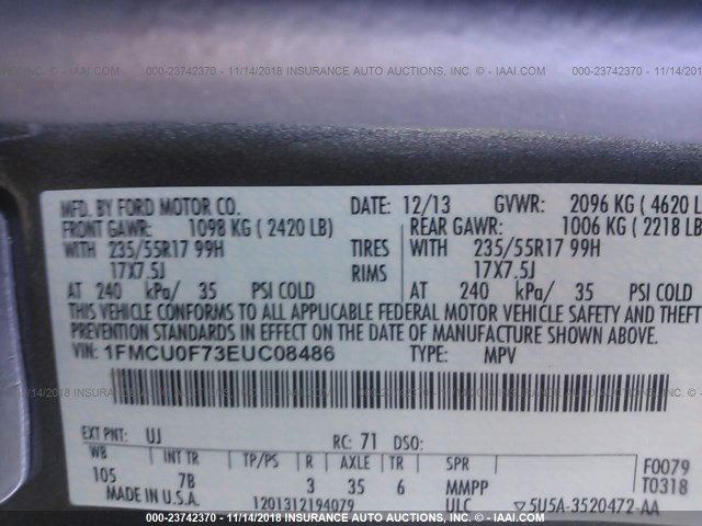 1FMCU0F73EUC08486 - 2014 FORD ESCAPE S GRAY photo 9