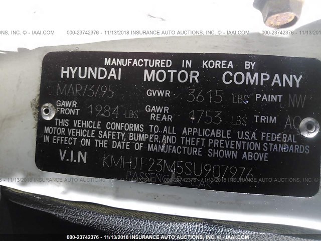 KMHJF23M5SU907976 - 1995 HYUNDAI ELANTRA WHITE photo 9