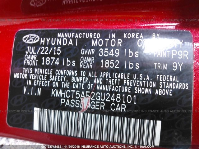 KMHCT5AE2GU248101 - 2016 HYUNDAI ACCENT SE RED photo 9