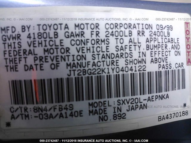 JT2BG22K1Y0404122 - 2000 TOYOTA CAMRY CE/LE/XLE 蓝色 照片 9