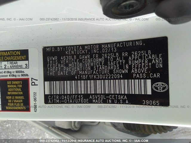 4T1BF1FK3DU222094 - 2013 TOYOTA CAMRY L/SE/LE/XLE თეთრი ფოტო 9