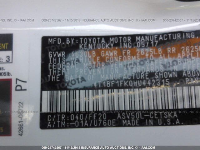 4T1BF1FK0HU442315 - 2017 TOYOTA CAMRY LE/XLE/SE/XSE WHITE photo 9