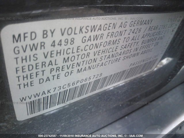 WVWAK73C56P065729 - 2006 VOLKSWAGEN PASSAT 2.0T/2.0T VALUE BLACK photo 9