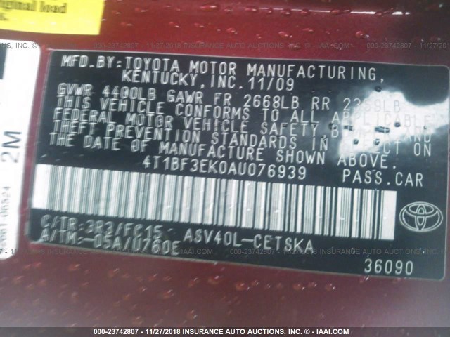 4T1BF3EK0AU076939 - 2010 TOYOTA CAMRY SE/LE/XLE RED photo 9