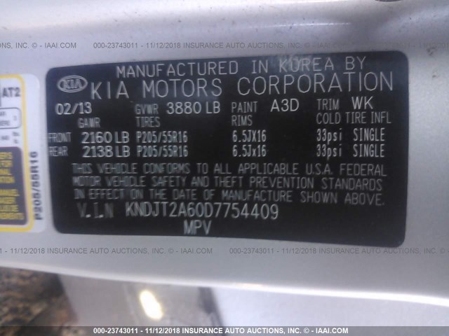 KNDJT2A60D7754409 - 2013 KIA SOUL +/!/SPORT SILVER photo 9