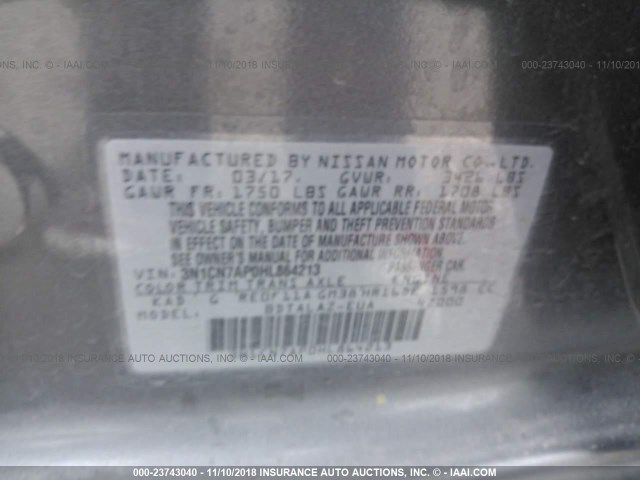 3N1CN7AP0HL864213 - 2017 NISSAN VERSA S/S PLUS/SV/SL GRAY photo 9