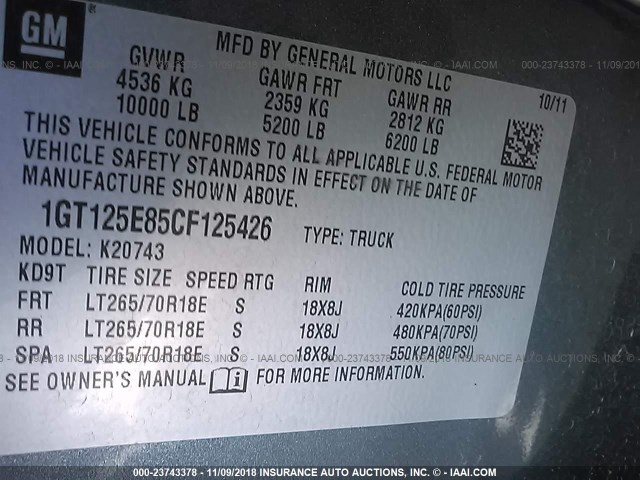 1GT125E85CF125426 - 2012 GMC SIERRA K2500 DENALI BLUE photo 9