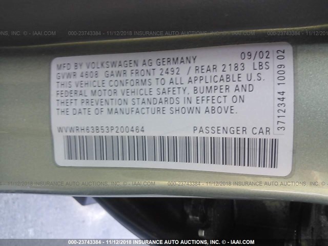 WVWRH63B53P200464 - 2003 VOLKSWAGEN PASSAT GLX 绿色 照片 9