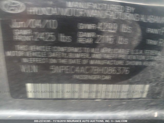 5NPEC4AC7BH086376 - 2011 HYUNDAI SONATA SE/LIMITED GRAY photo 9