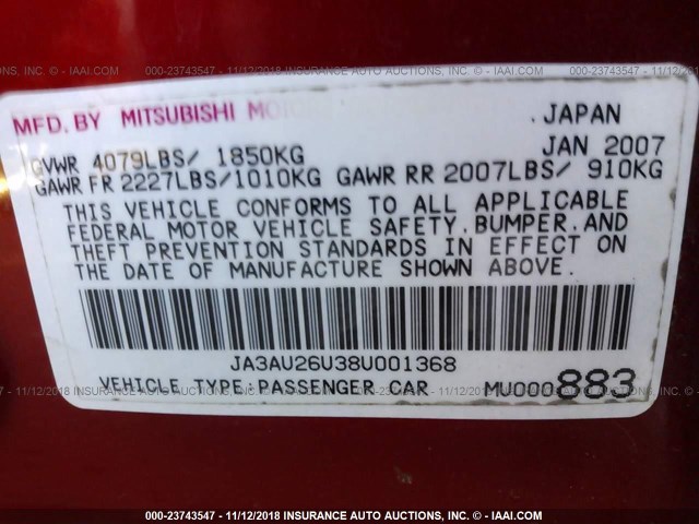 JA3AU26U38U001368 - 2008 MITSUBISHI LANCER ES RED photo 9