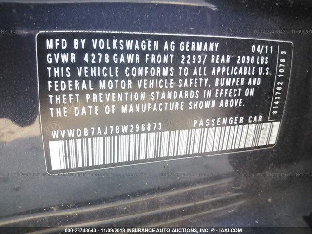 WVWDB7AJ7BW296873 - 2011 VOLKSWAGEN GOLF 灰色 照片 9