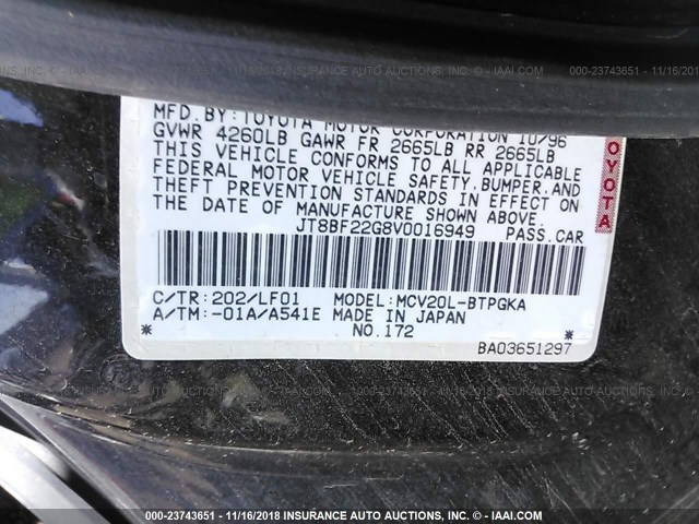 JT8BF22G8V0016949 - 1997 LEXUS ES 300 BLACK photo 9