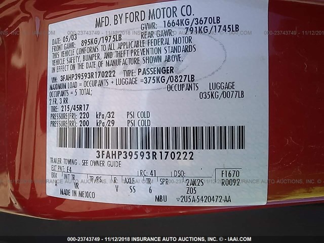 3FAHP39593R170222 - 2003 FORD FOCUS SVT RED photo 9