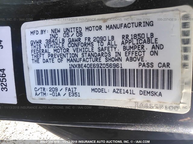 1NXBE40E69Z056961 - 2009 TOYOTA COROLLA XRS BLACK photo 9