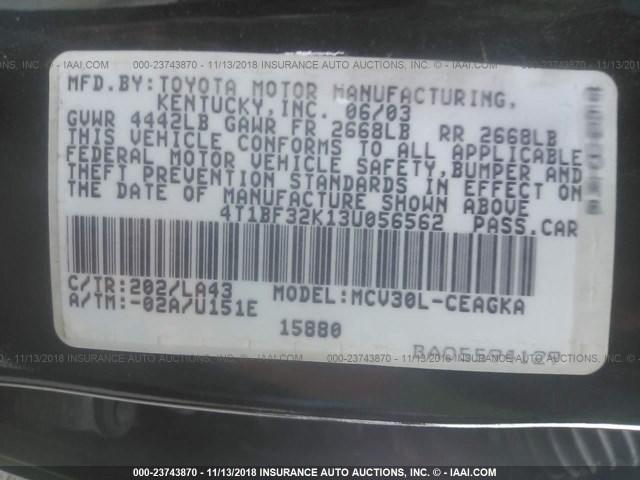 4T1BF32K13U056562 - 2003 TOYOTA CAMRY LE/XLE/SE BLACK photo 9