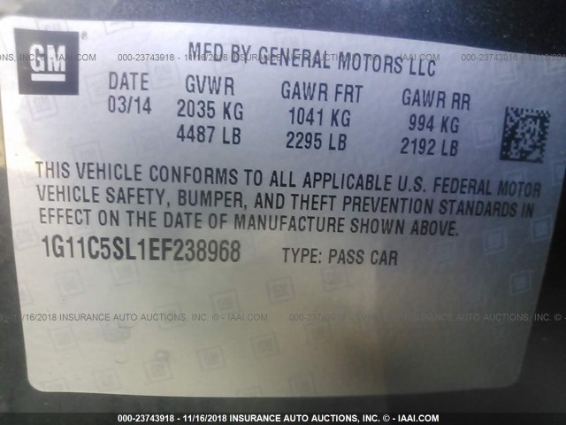 1G11C5SL1EF238968 - 2014 CHEVROLET MALIBU 1LT GRAY photo 9