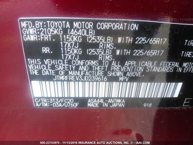 JTMRFREV3JD239616 - 2018 TOYOTA RAV4 ADVENTURE/XLE RED photo 9