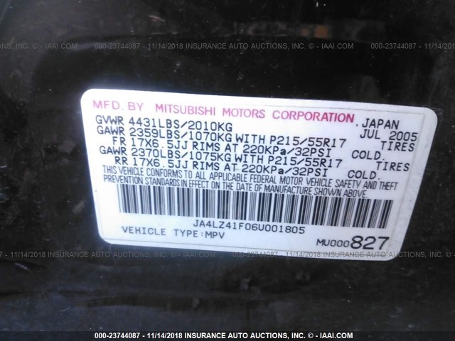 JA4LZ41F06U001805 - 2006 MITSUBISHI OUTLANDER SE შავი ფოტო 9