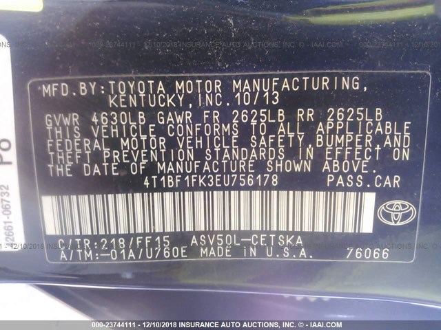 4T1BF1FK3EU756178 - 2014 TOYOTA CAMRY L/SE/LE/XLE 黑色 照片 9