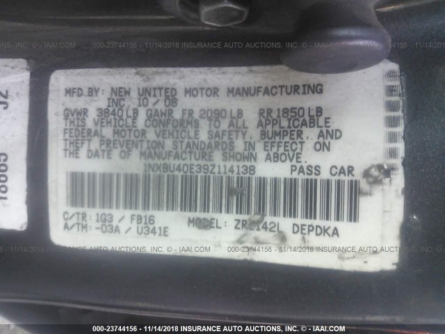 1NXBU40E39Z114138 - 2009 TOYOTA COROLLA S/LE/XLE GRAY photo 9