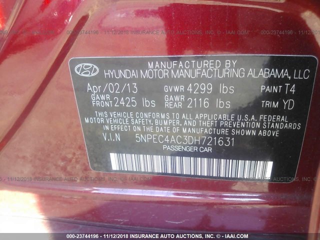 5NPEC4AC3DH721631 - 2013 HYUNDAI SONATA SE/LIMITED RED photo 9