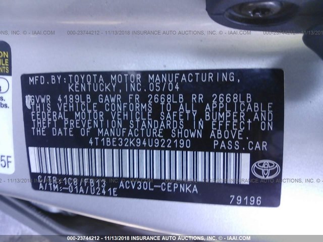 4T1BE32K94U922190 - 2004 TOYOTA CAMRY LE/XLE/SE SILVER photo 9