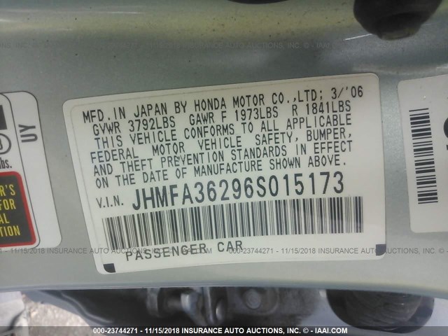 JHMFA36296S015173 - 2006 HONDA CIVIC HYBRID BLUE photo 9