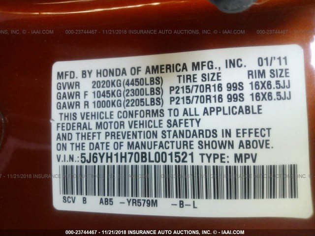 5J6YH1H70BL001521 - 2011 HONDA ELEMENT EX ORANGE photo 9