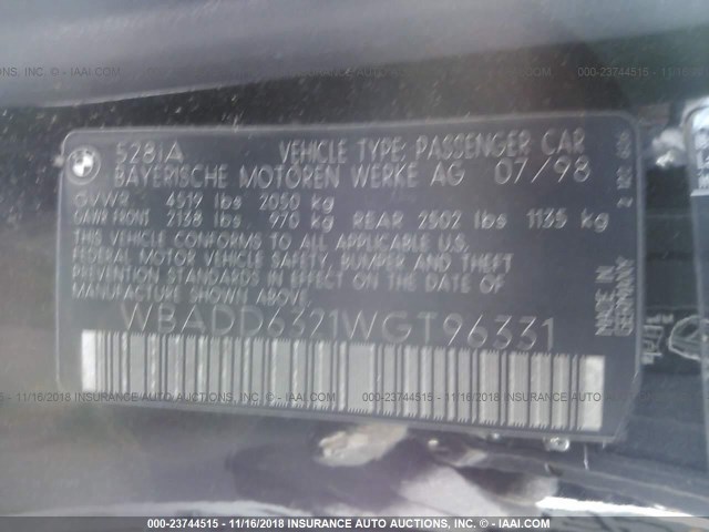 WBADD6321WGT96331 - 1998 BMW 528 I AUTOMATIC BLACK photo 9