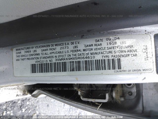 3VWRK69MX5M064610 - 2005 VOLKSWAGEN JETTA GL SILVER photo 9