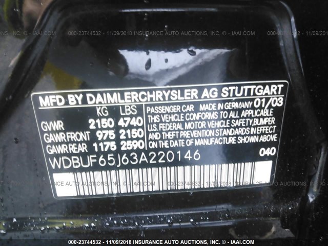 WDBUF65J63A220146 - 2003 MERCEDES-BENZ E 320 BLACK photo 9