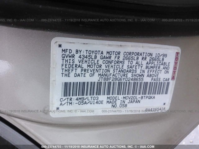 JT8BF28G6Y0248655 - 2000 LEXUS ES 300 TAN photo 9