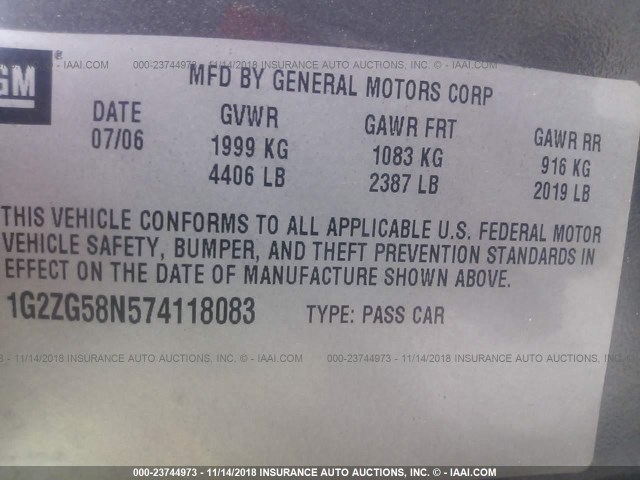 1G2ZG58N574118083 - 2007 PONTIAC G6 SE GRAY photo 9