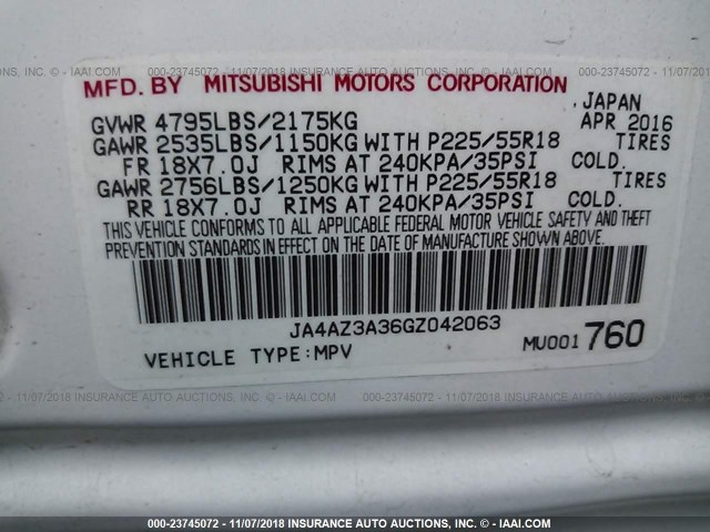 JA4AZ3A36GZ042063 - 2016 MITSUBISHI OUTLANDER SE/SEL WHITE photo 9