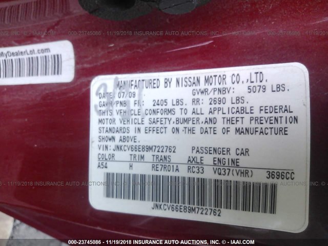 JNKCV66E89M722762 - 2009 INFINITI G37 SPORT RED photo 9