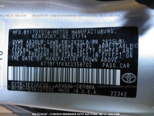 4T1BF1FK9EU358702 - 2014 TOYOTA CAMRY L/SE/LE/XLE 银色 照片 9