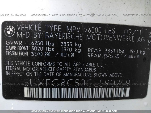 5UXFG8C50CL590259 - 2012 BMW X6 WHITE photo 9