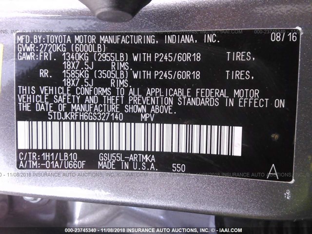 5TDJKRFH6GS327140 - 2016 TOYOTA HIGHLANDER XLE ნაცრისფერი ფოტო 9