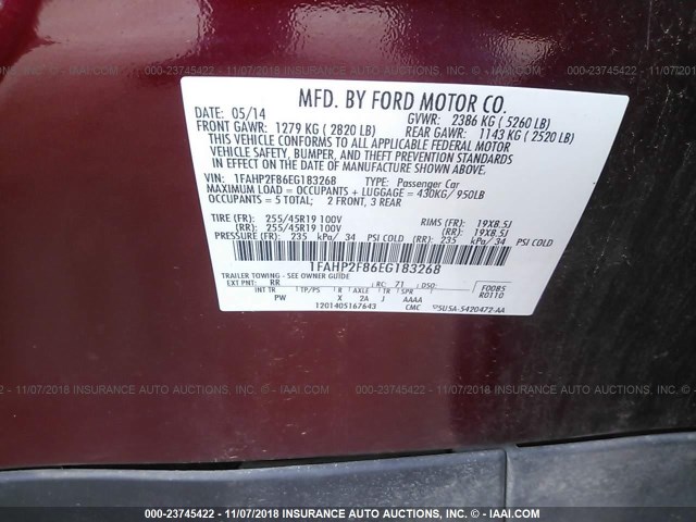 1FAHP2F86EG183268 - 2014 FORD TAURUS LIMITED RED photo 9