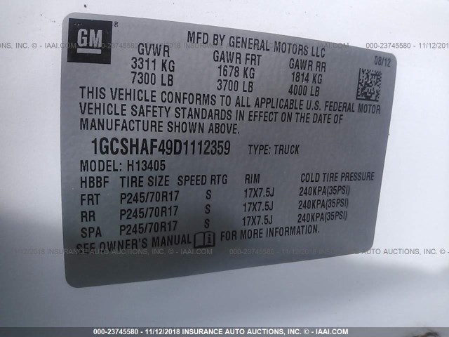 1GCSHAF49D1112359 - 2013 CHEVROLET EXPRESS G1500  WHITE photo 9