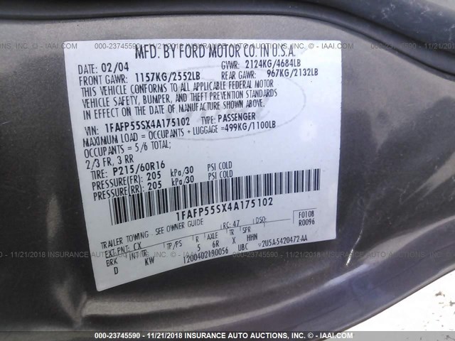 1FAFP55SX4A175102 - 2004 FORD TAURUS SES GRAY photo 9