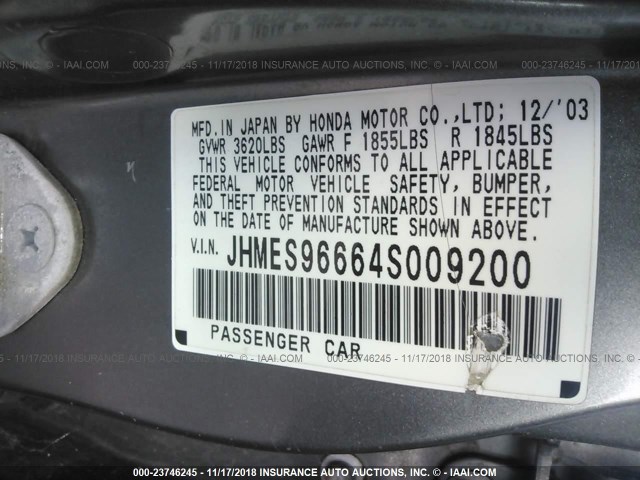 JHMES96664S009200 - 2004 HONDA CIVIC HYBRID GRAY photo 9