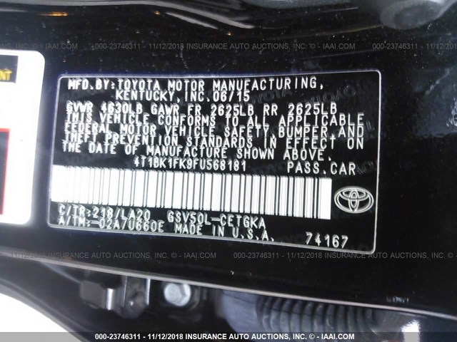 4T1BK1FK9FU568181 - 2015 TOYOTA CAMRY XSE/XLE Qara foto 9