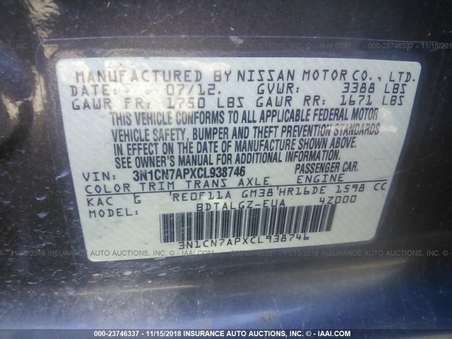 3N1CN7APXCL938746 - 2012 NISSAN VERSA S/SV/SL GRAY photo 9