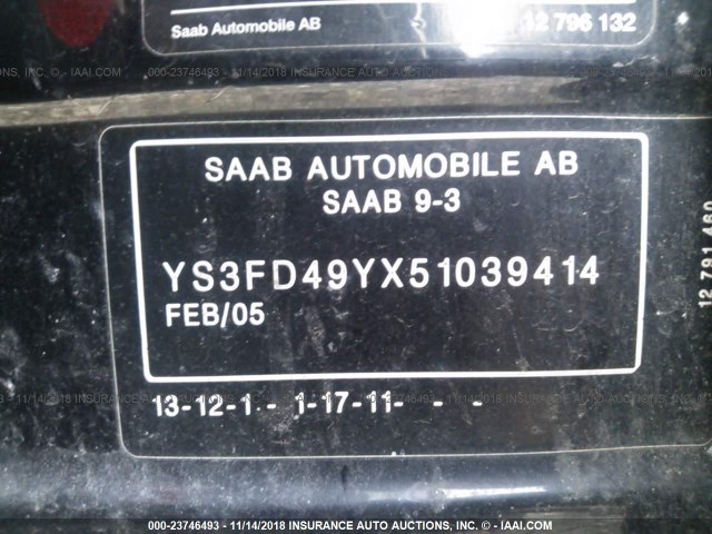 YS3FD49YX51039414 - 2005 SAAB 9-3 ARC BLACK photo 9