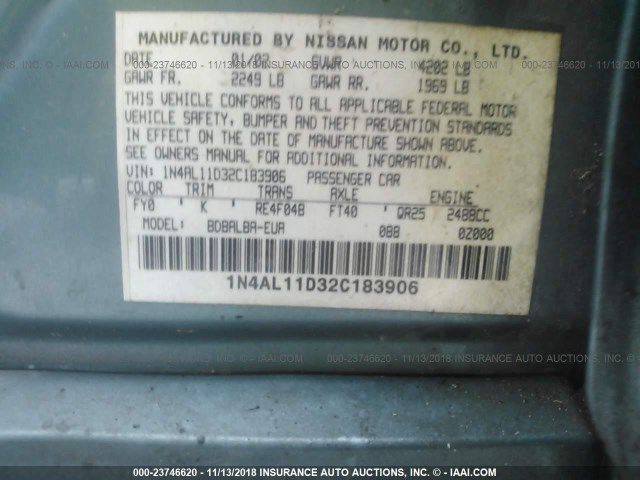 1N4AL11D32C183906 - 2002 NISSAN ALTIMA S/SL GREEN photo 9