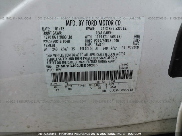 2FMPK3J92JBB56205 - 2018 FORD EDGE SEL WHITE photo 9