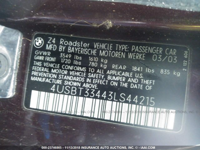 4USBT33443LS44215 - 2003 BMW Z4 2.5 PURPLE photo 9